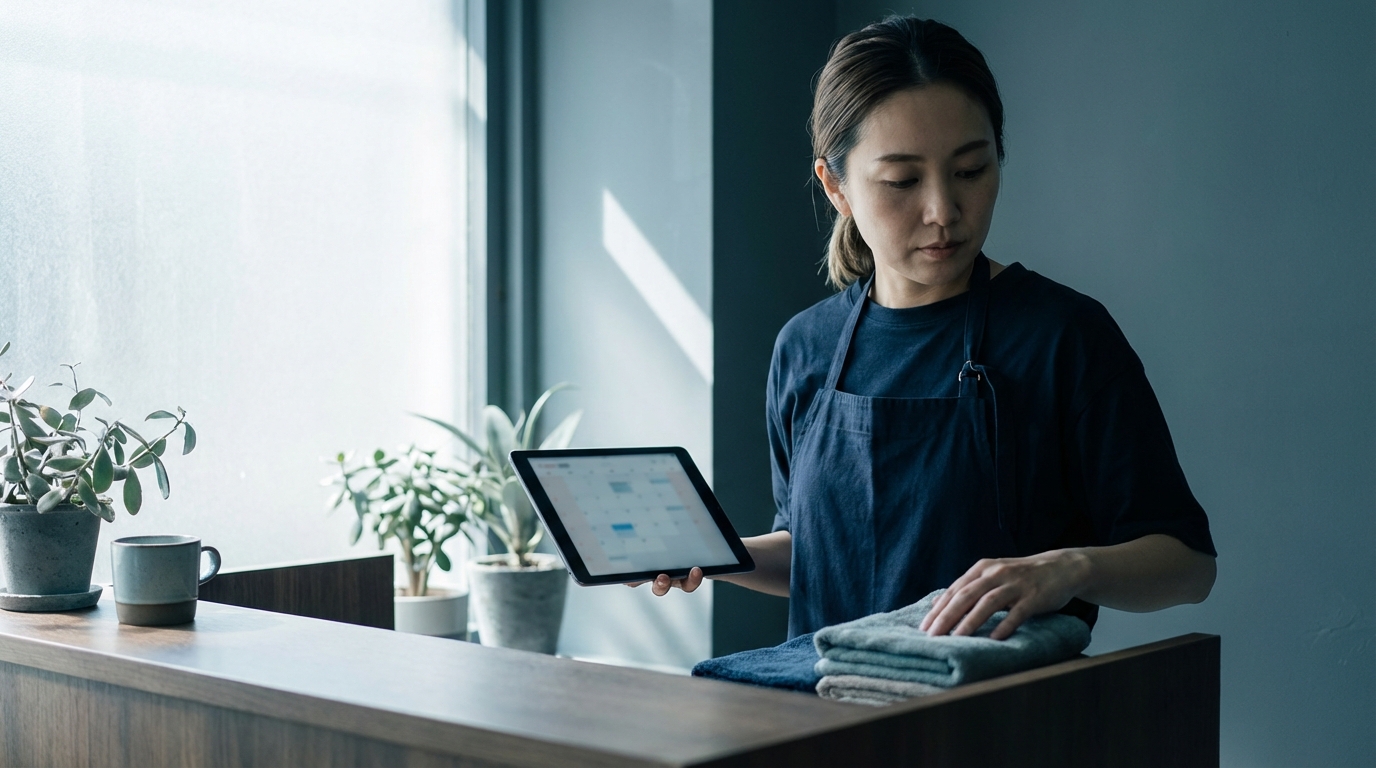 Salon owner reviewing scheduled social content on a tablet at the front counter