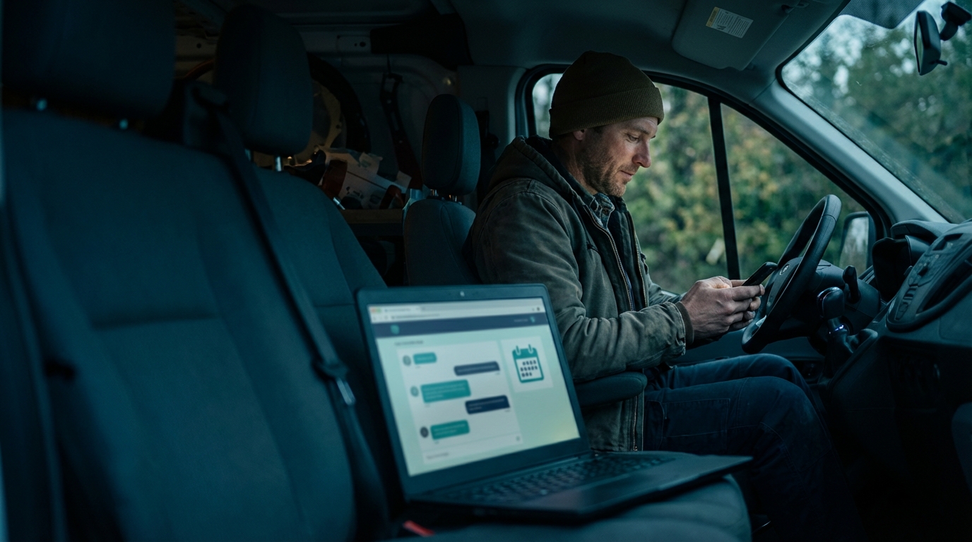 Small business owner checking website chat leads from a service van at dusk