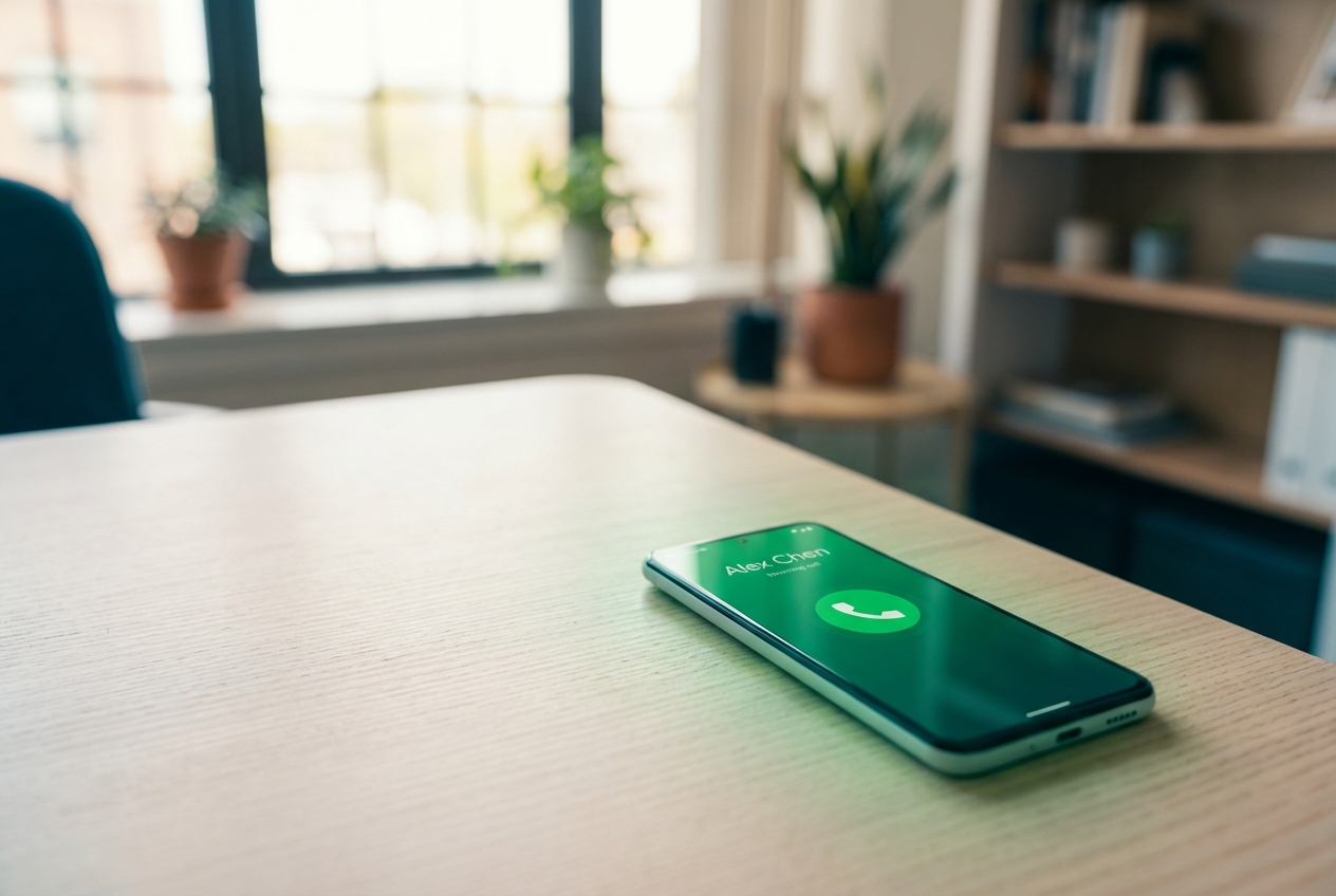 A phone on a desk showing an incoming call being answered